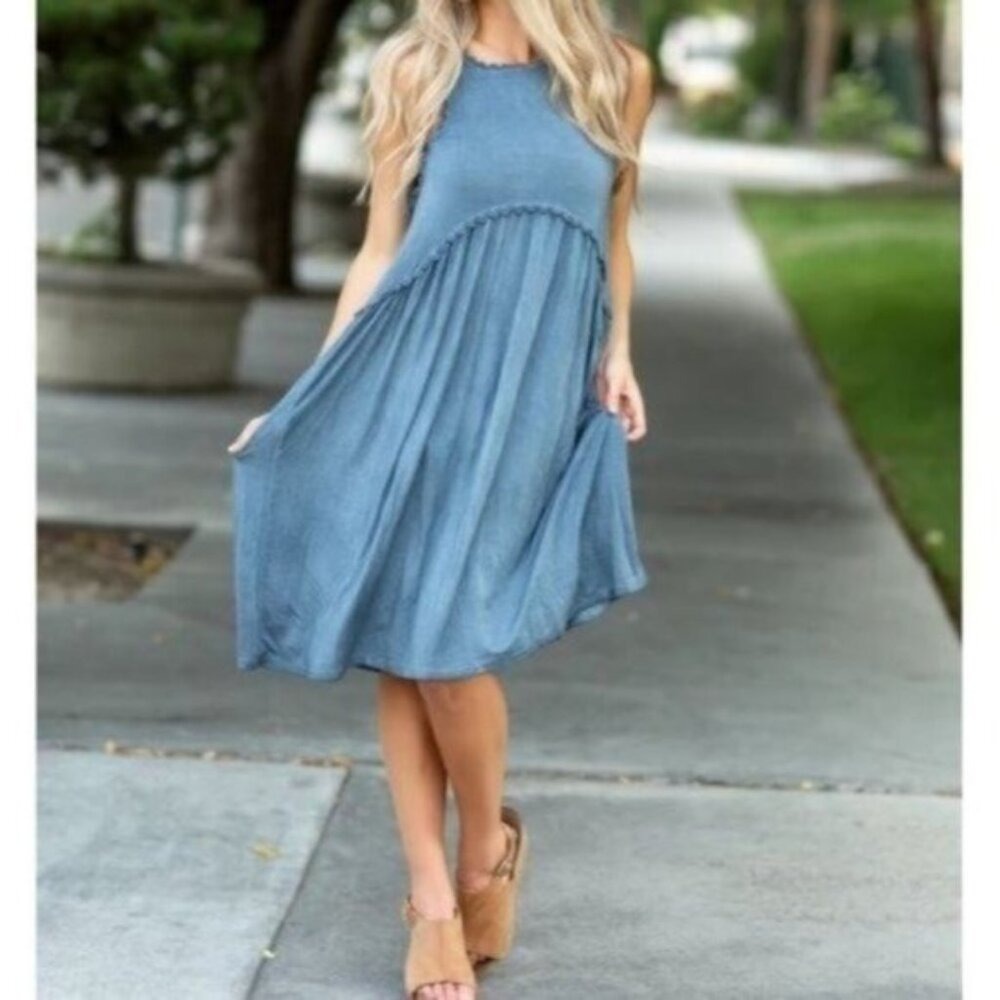 Oddy Sweet and Simple Baby Doll Dress Gray Size S Small Boho Flowy